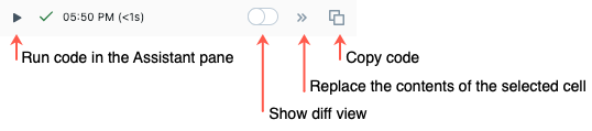 icons at the top of the code box in the assistant pane