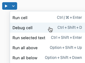 debug cell item in cell run menu