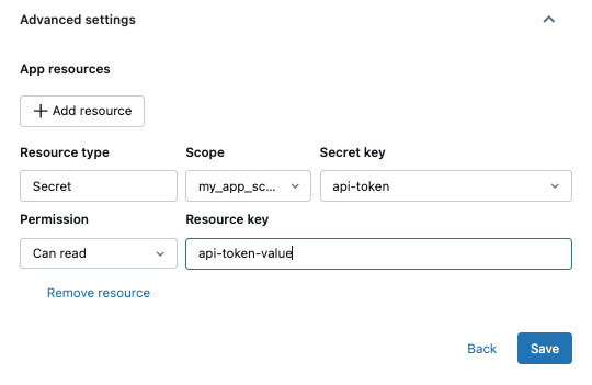 UI でのシークレットをアプリ リソースとして追加する