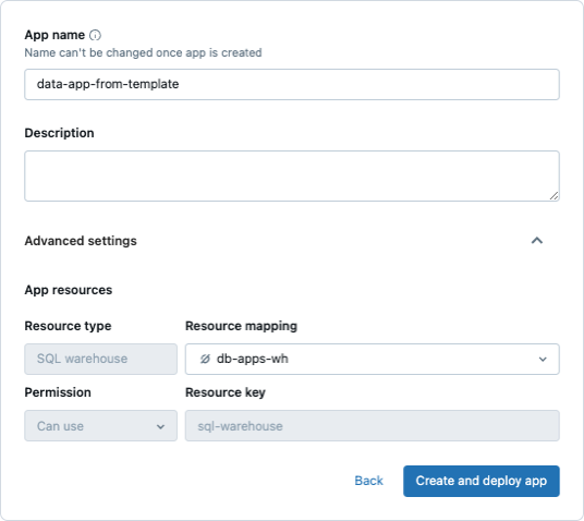 ページを表示して Databricks アプリに名前を付け、リソースを追加する