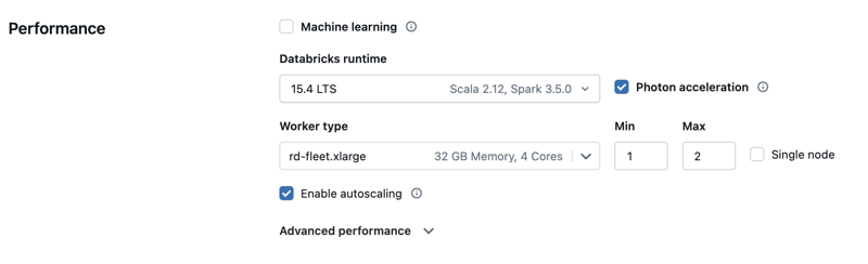 Performance section of compute UI