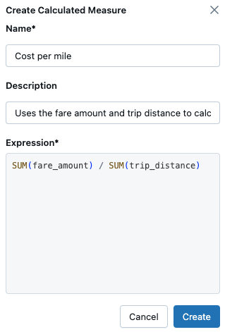 The calculated measures editor with the values from instructions filled in.