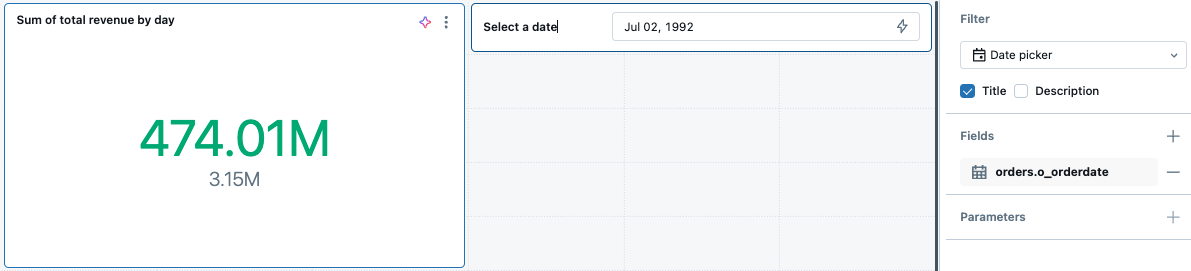 A counter visualization showing total revenue by day compared to target number. A date-picker filter controls which data is included in the calculation.