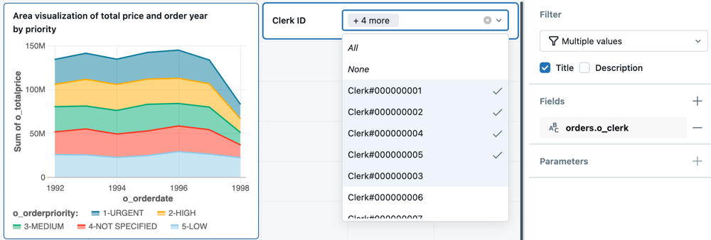 An area visulization showing total price and order year in a chart. A filter with multiple values selected controls which data appear on the chart.