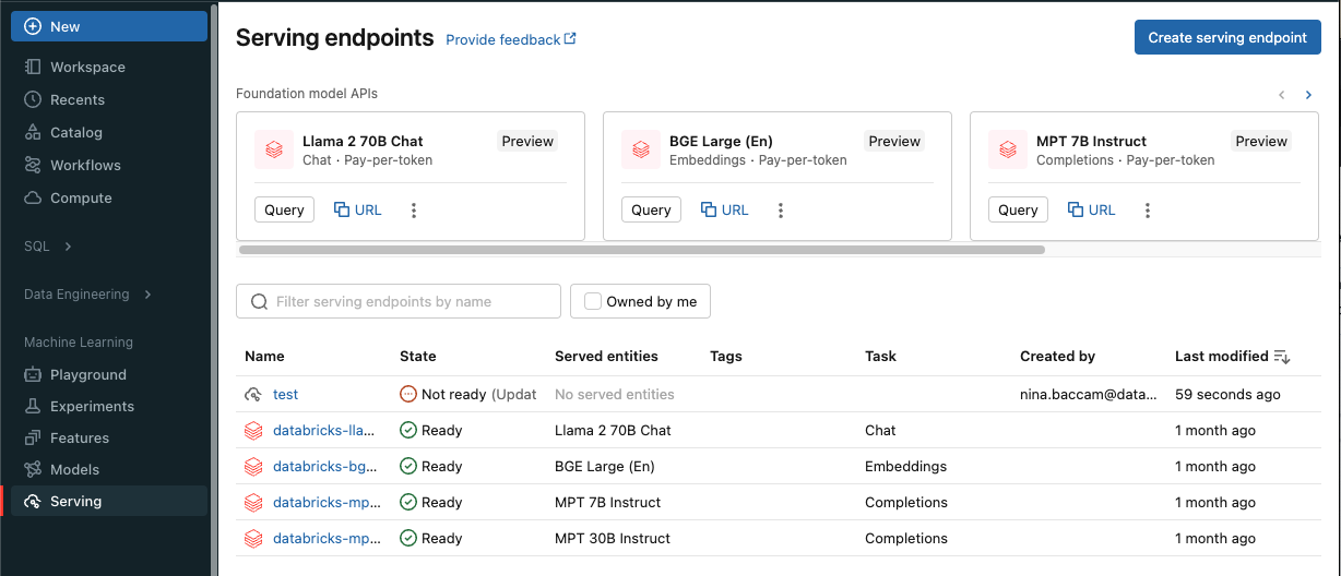 Servindo o modelo pane em Databricks UI