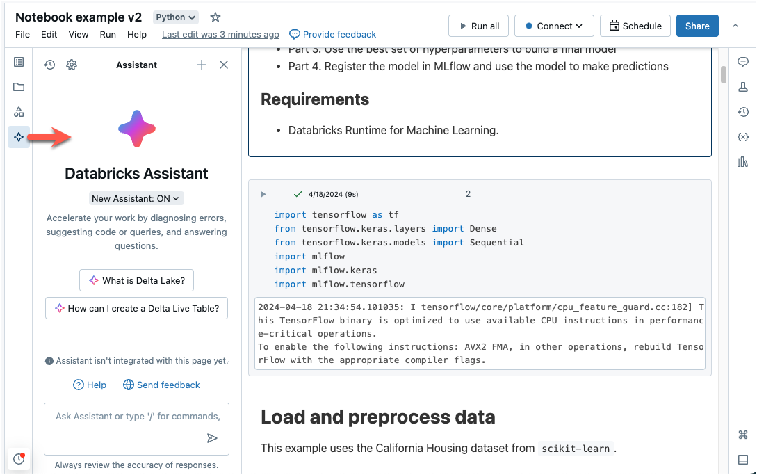 Databricks assistant icon and panel location