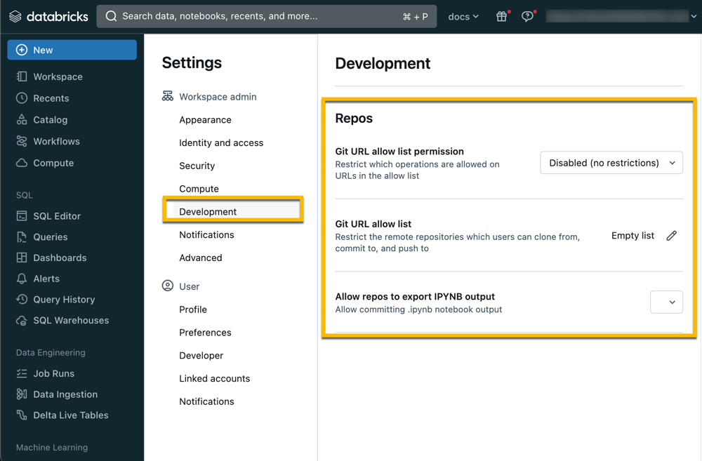 O painel Desenvolvimento em Configurações do administrador, usado para definir o acesso do usuário ao Git