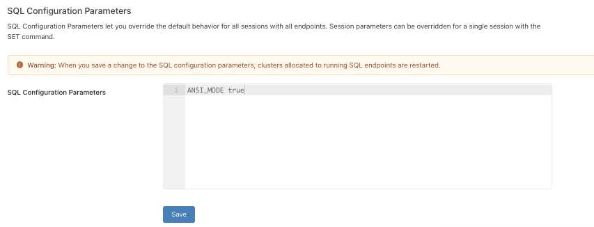 Screenshot that shows ANSI_MODE set to true for all SQL warehouses