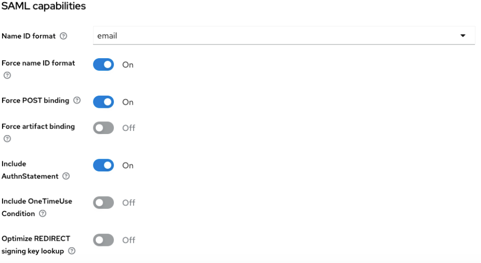 O Keycloak configura os atributos do SAML.