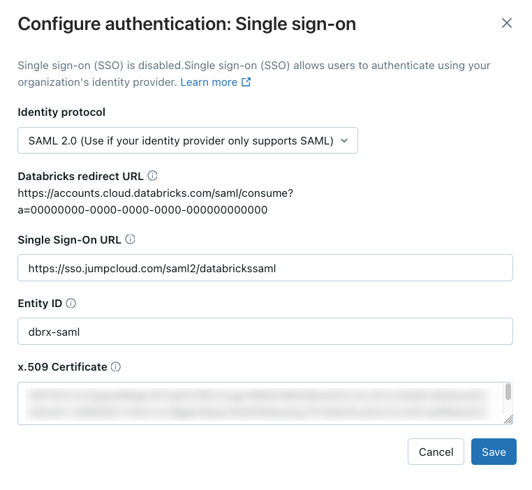 Single sign-on tab when all values have been entered