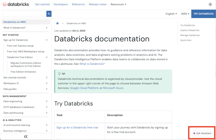 Databricks assistant in the documentation site.
