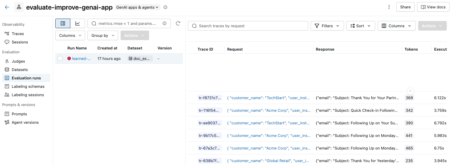 Evaluation runs table