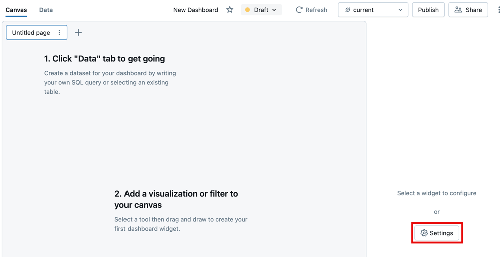 The settings button is displayed on the right side of a blank draft dashboard.