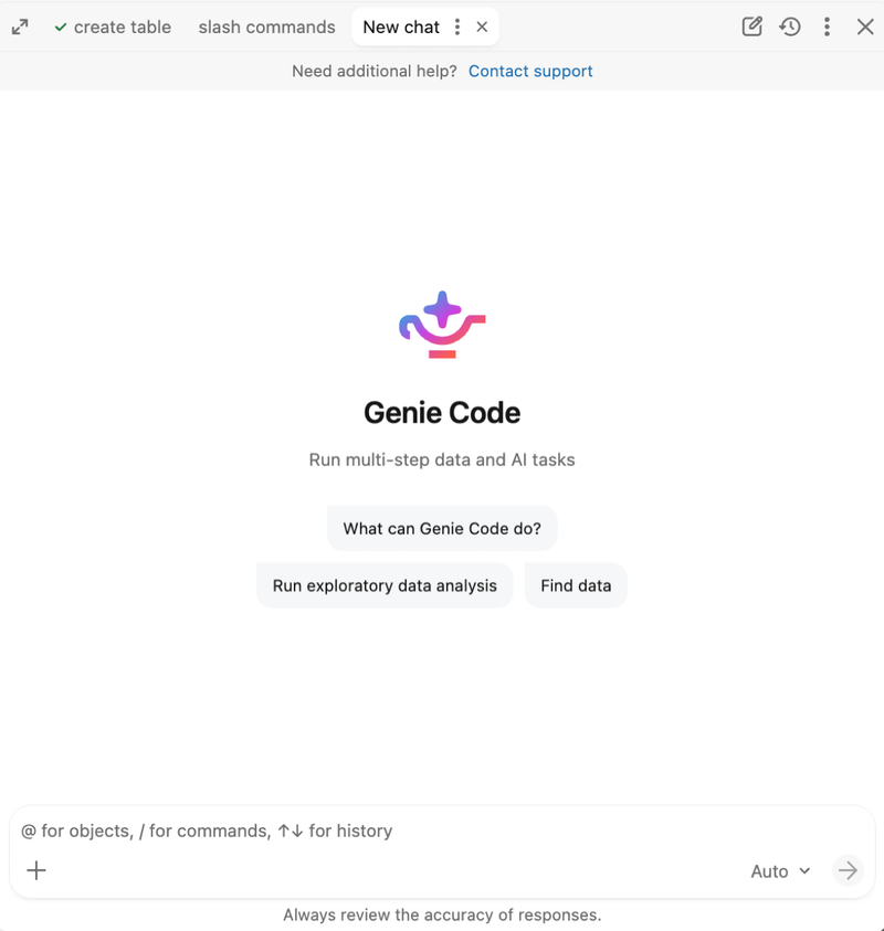 The Genie Code side pane with several chats open as tabs.