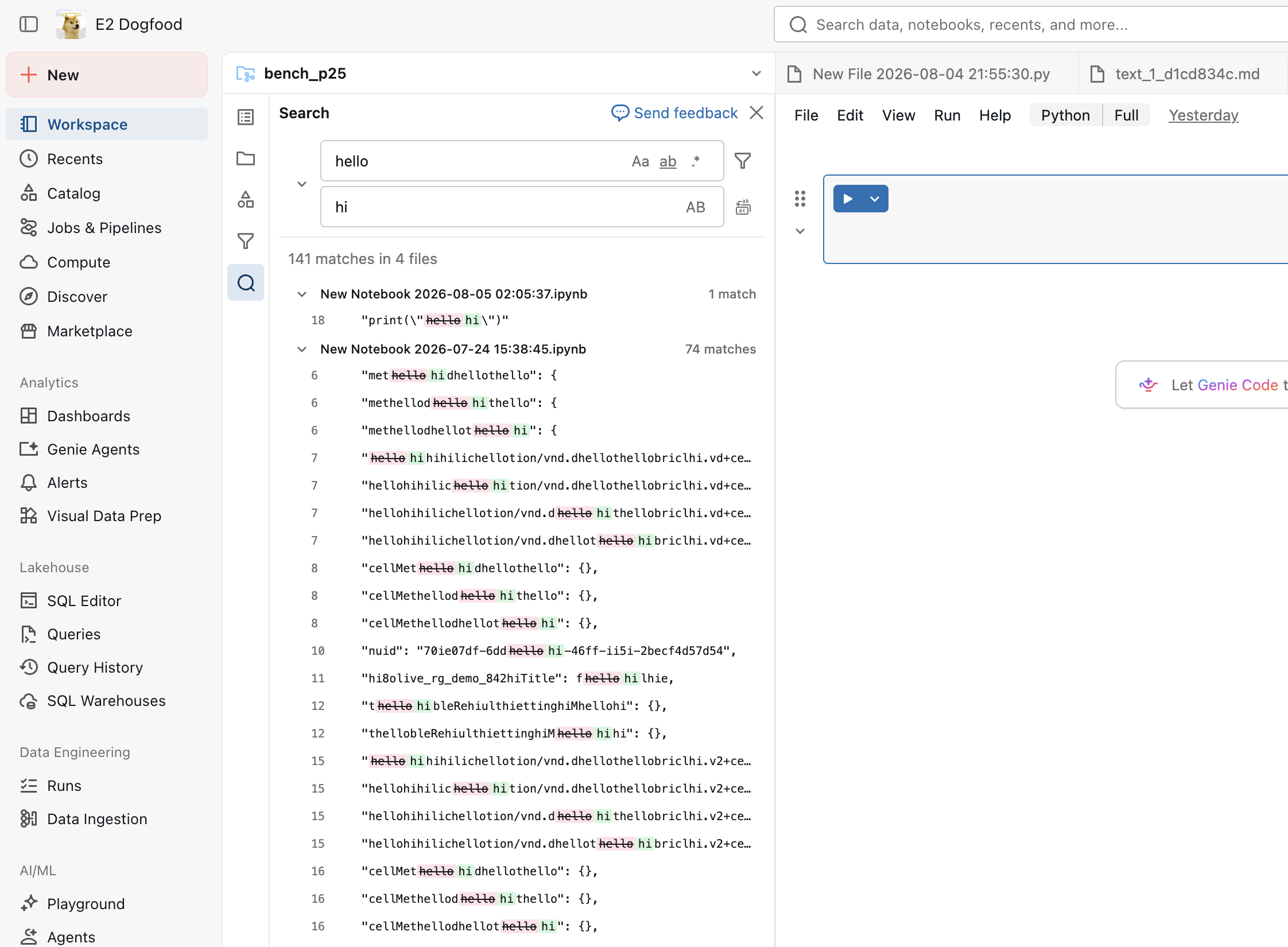 The Search pane shows matching text and replacement previews across files.