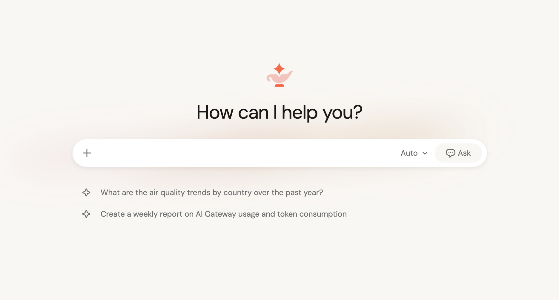 The Genie One home page showing two personalized starter questions below the chat box.