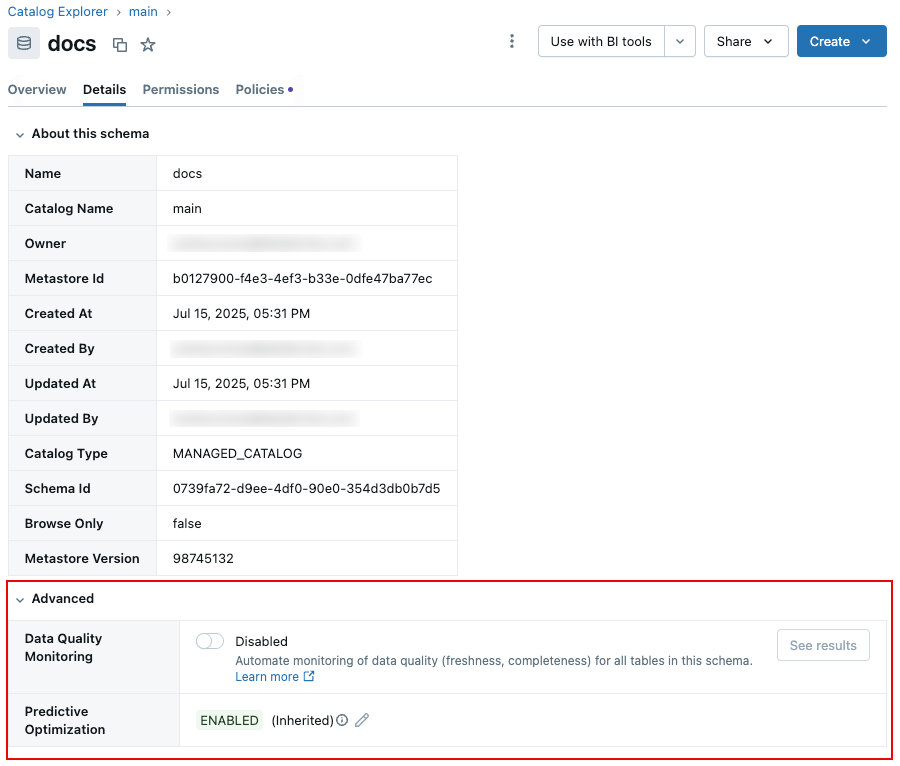 Details tab for the schema page in Catalog Explorer.