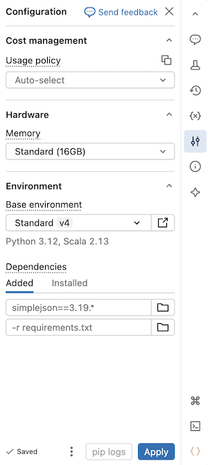 Serverless environment panel