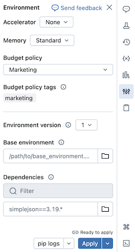 Serverless notebook environment panel with budget policies