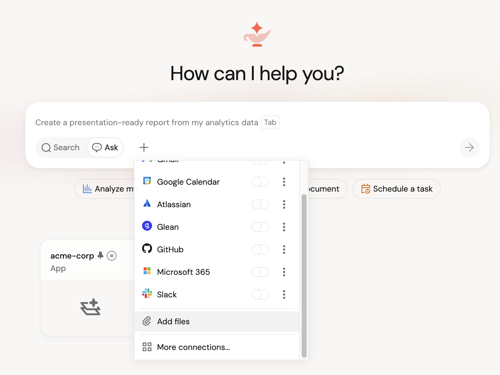 Genie One composer with the add menu open, showing the Add files option