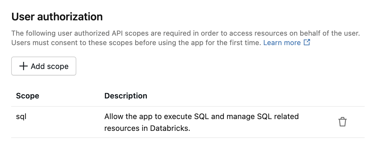 Ajouter des étendues d'autorisation utilisateur à une application Databricks