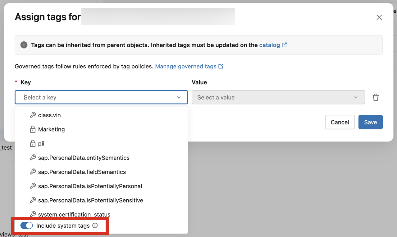 Boîte de dialogue d'attribution de tags avec des tags système.