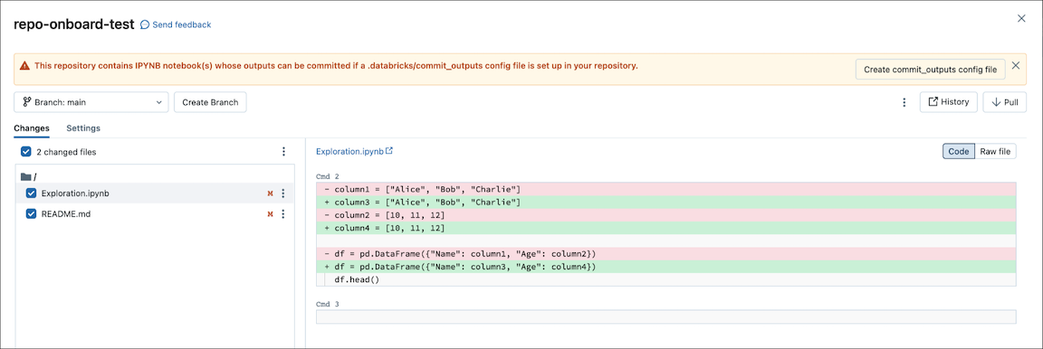 Interface utilisateur de commit de Notebook : bouton Créer le fichier commit_outputs.