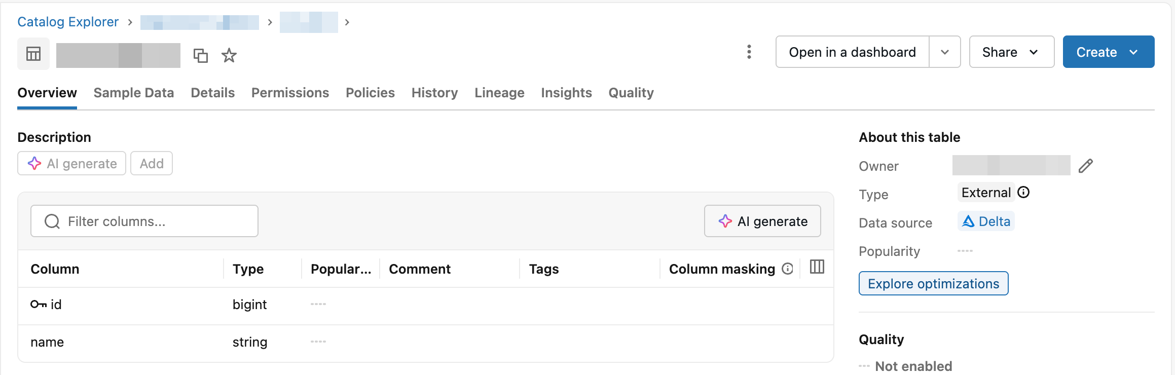 Le panneau À propos de cette table sur la page de présentation d’une table dans l’explorateur de catalogue, affichant le bouton Explorer les optimisations sous les propriétés de la table