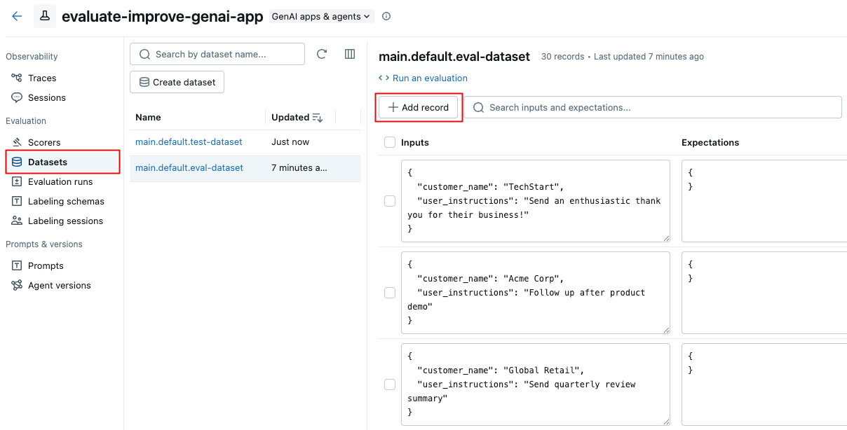 Datasets tab dans la barre latérale