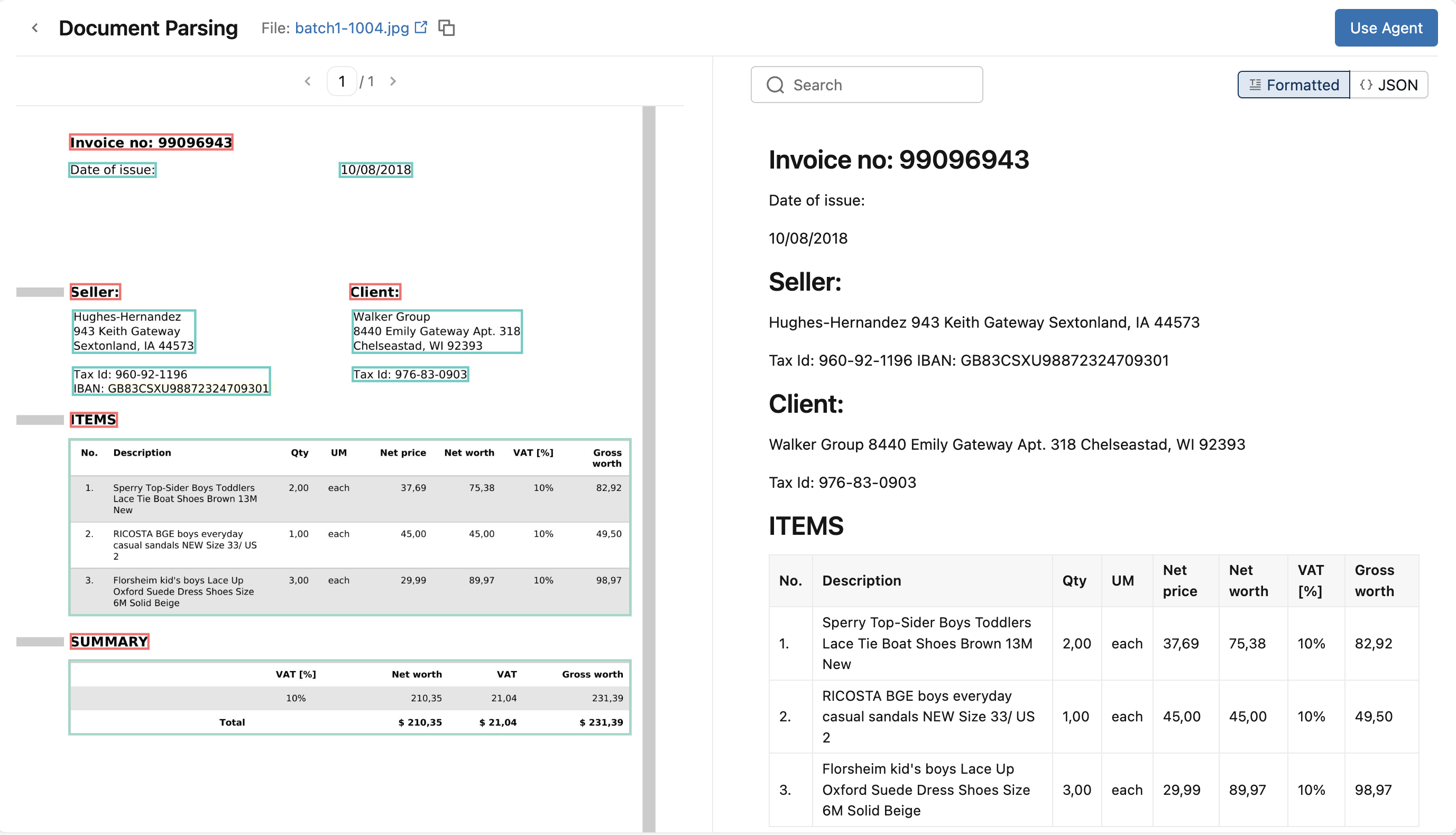 Interface utilisateur d'analyse de document affichant le document source et le document analysé côte à côte