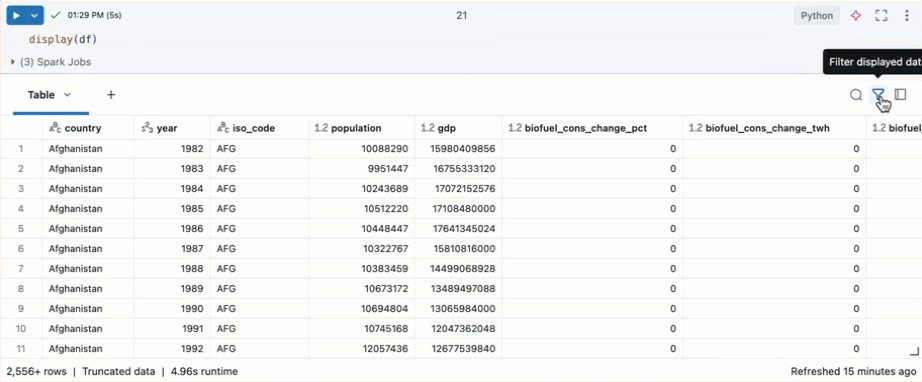 Filtrer la sortie du tableau à l'aide de Genie Code.