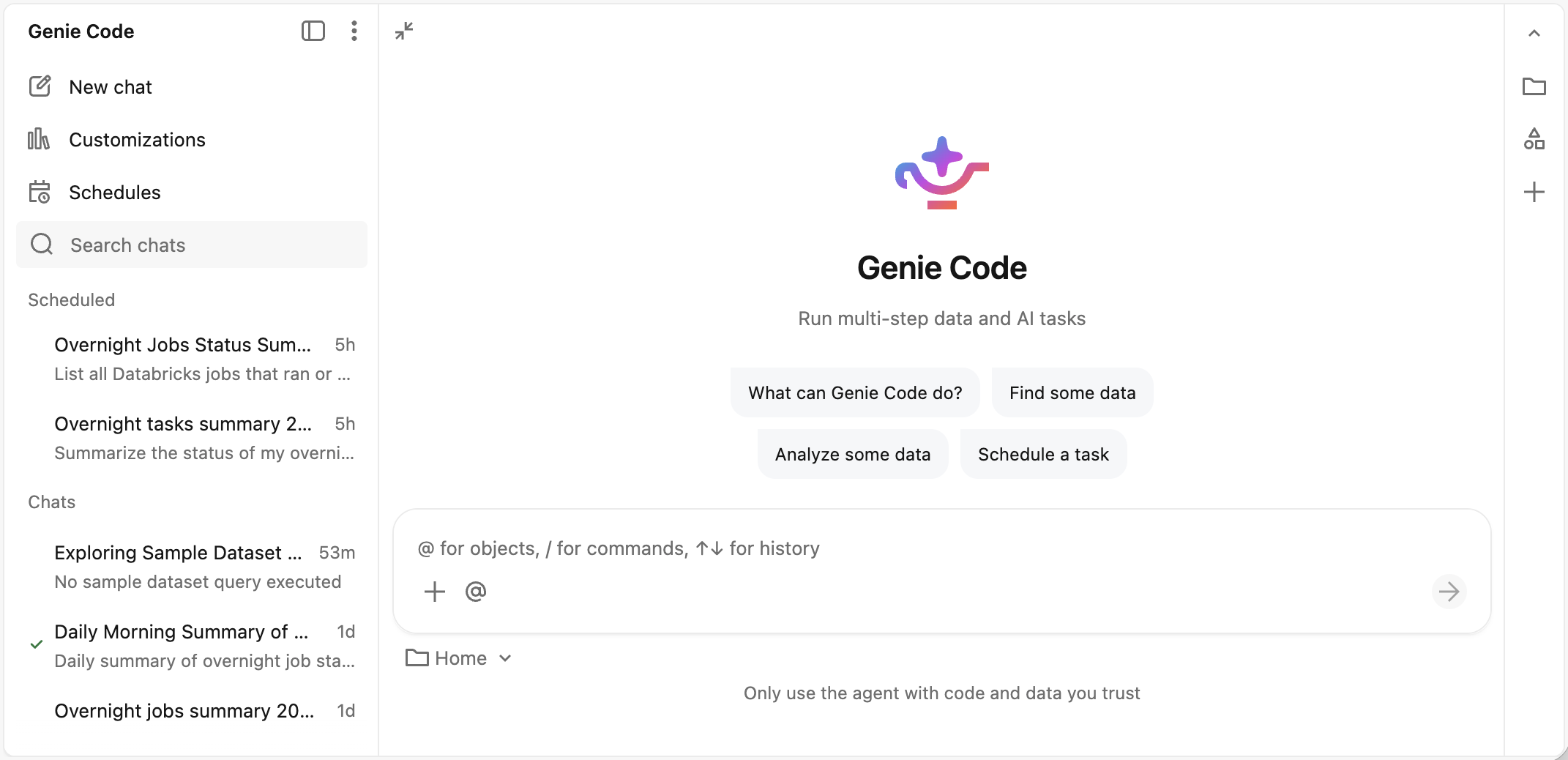 Interface Genie Code pleine page affichant la barre latérale de conversation avec les listes de tâches planifiées et de conversations.