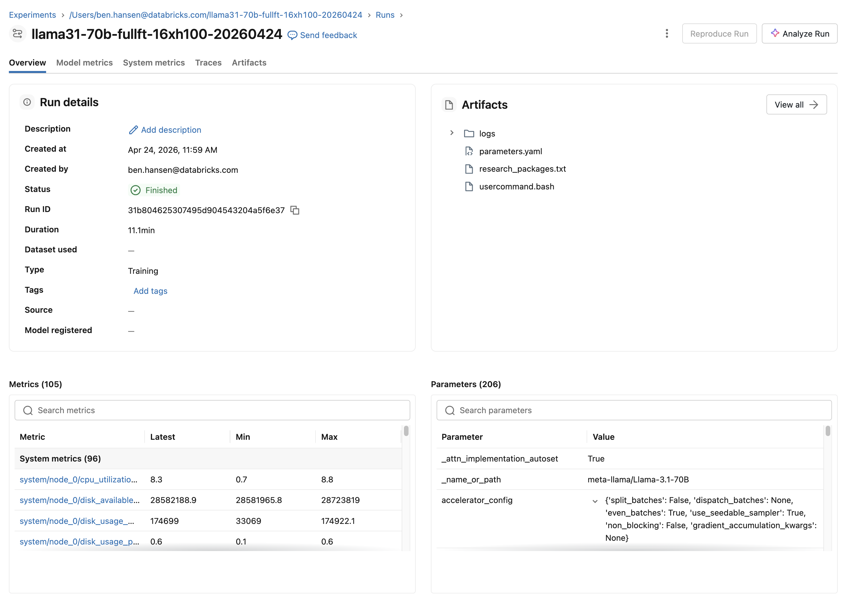 Page d'exécution MLflow affichant les métriques