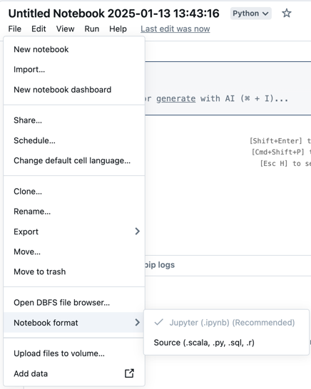 Le menu Fichier du Workspace, étendu, affichant l'option de format du Notebook.