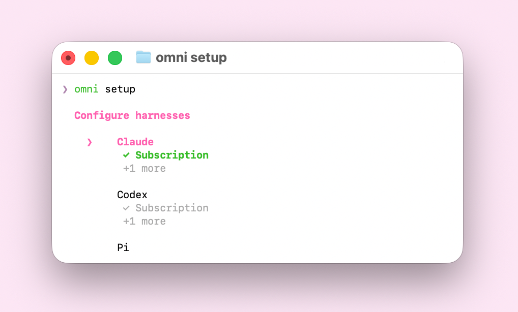 Exécution de la configuration omni dans le terminal pour start à ajouter des identifiants de harnais.