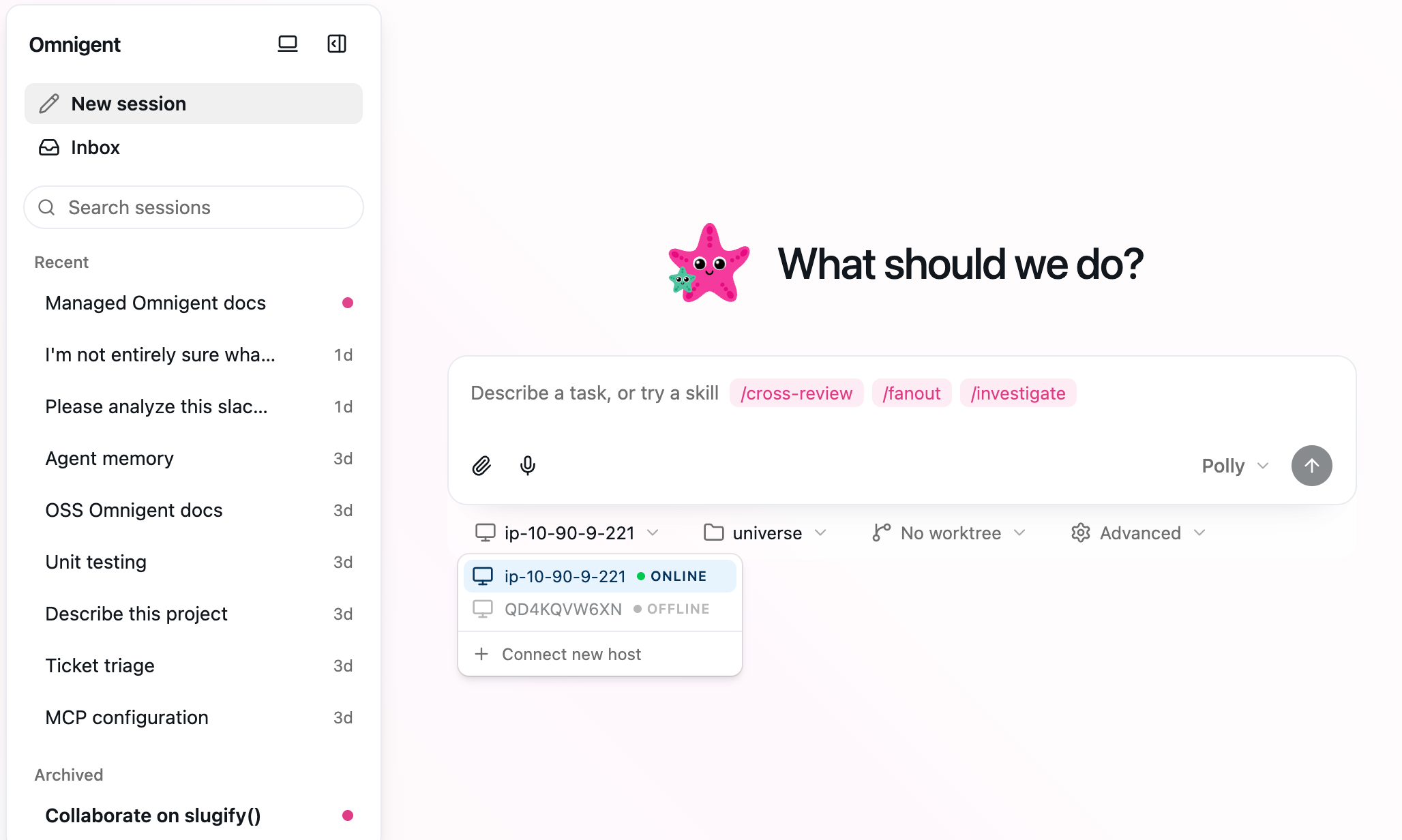 Le sélecteur d'hôte de l'interface utilisateur du Workspace Omnigent avec un hôte local enregistré sélectionné.