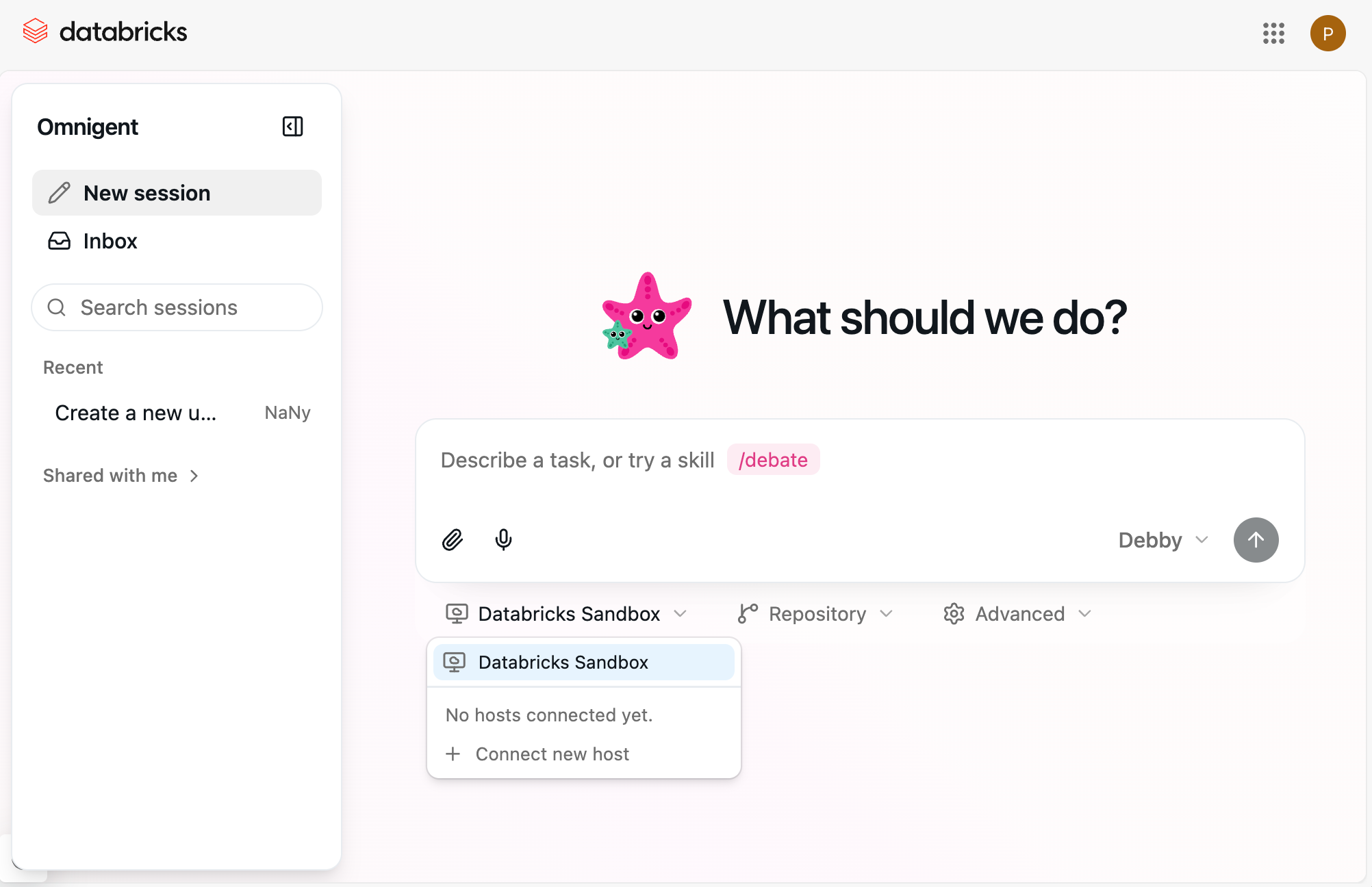 Le sélecteur d'hôte de l'interface utilisateur du Workspace Omnigent avec Databricks Sandbox sélectionné.
