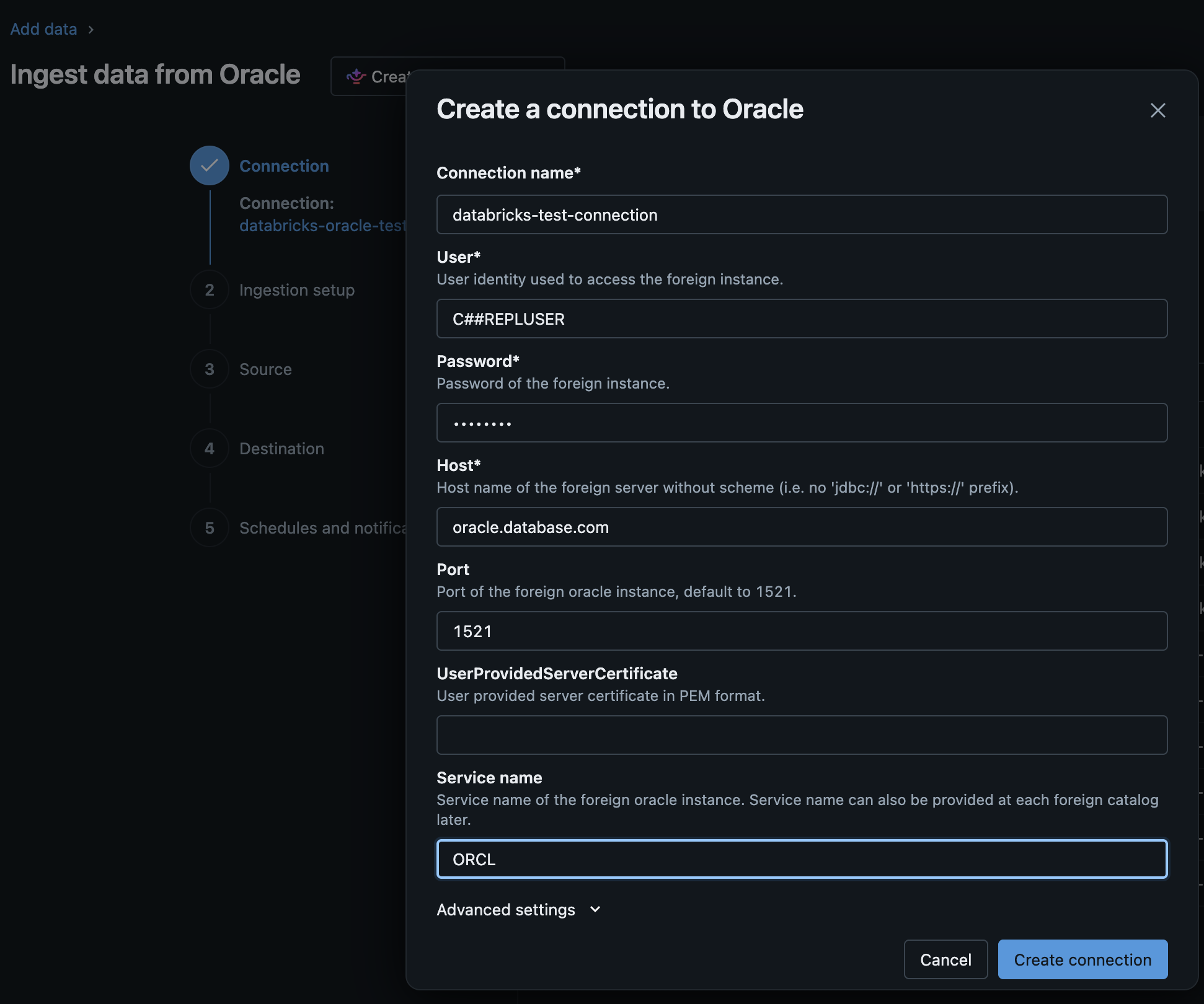 Formulaire de création de connexion