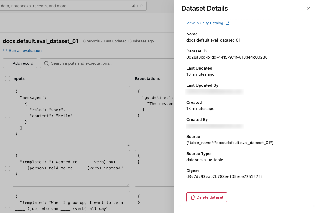 Volet des détails du dataset d’évaluation.