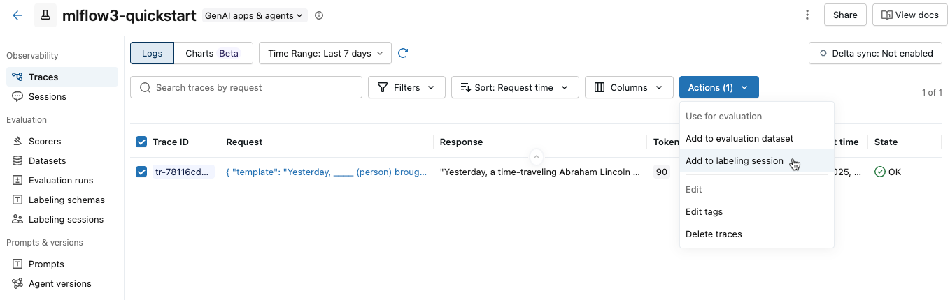ラベル付けセッションへの追加が選択されたアクション ドロップダウン メニュー。