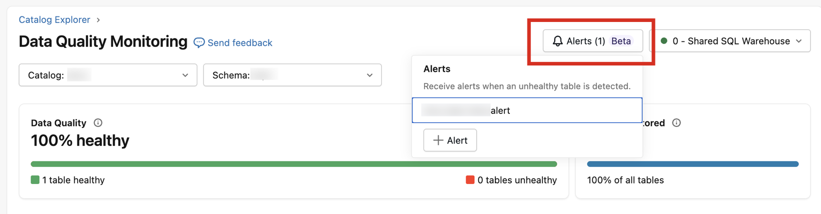 データ品質モニタリング UI からアラートをすばやく表示します。