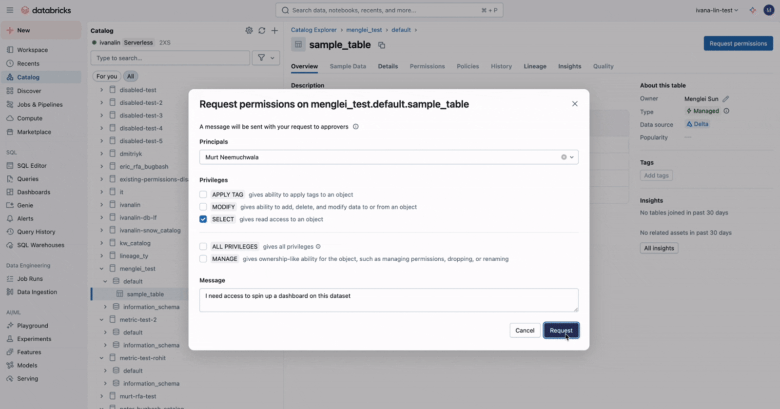 アクセス要求の機能が付いた Catalog Explorer オブジェクトページ。