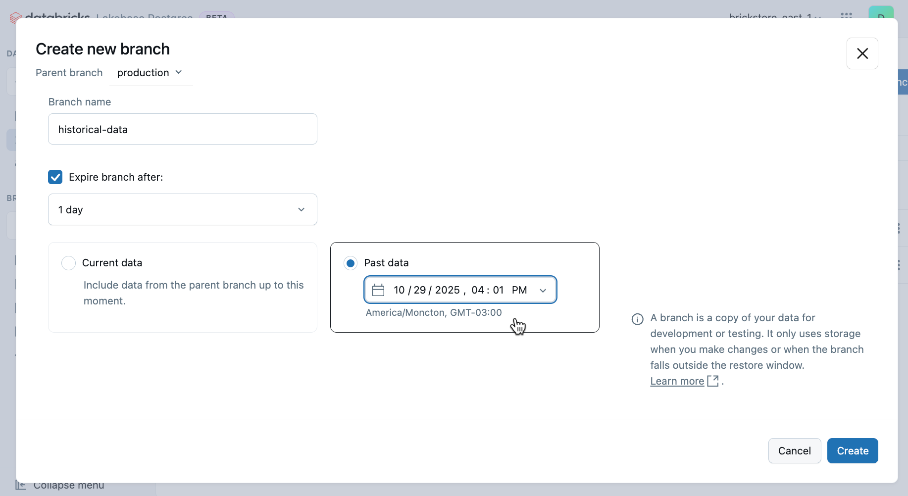 過去のデータからブランチを作成する