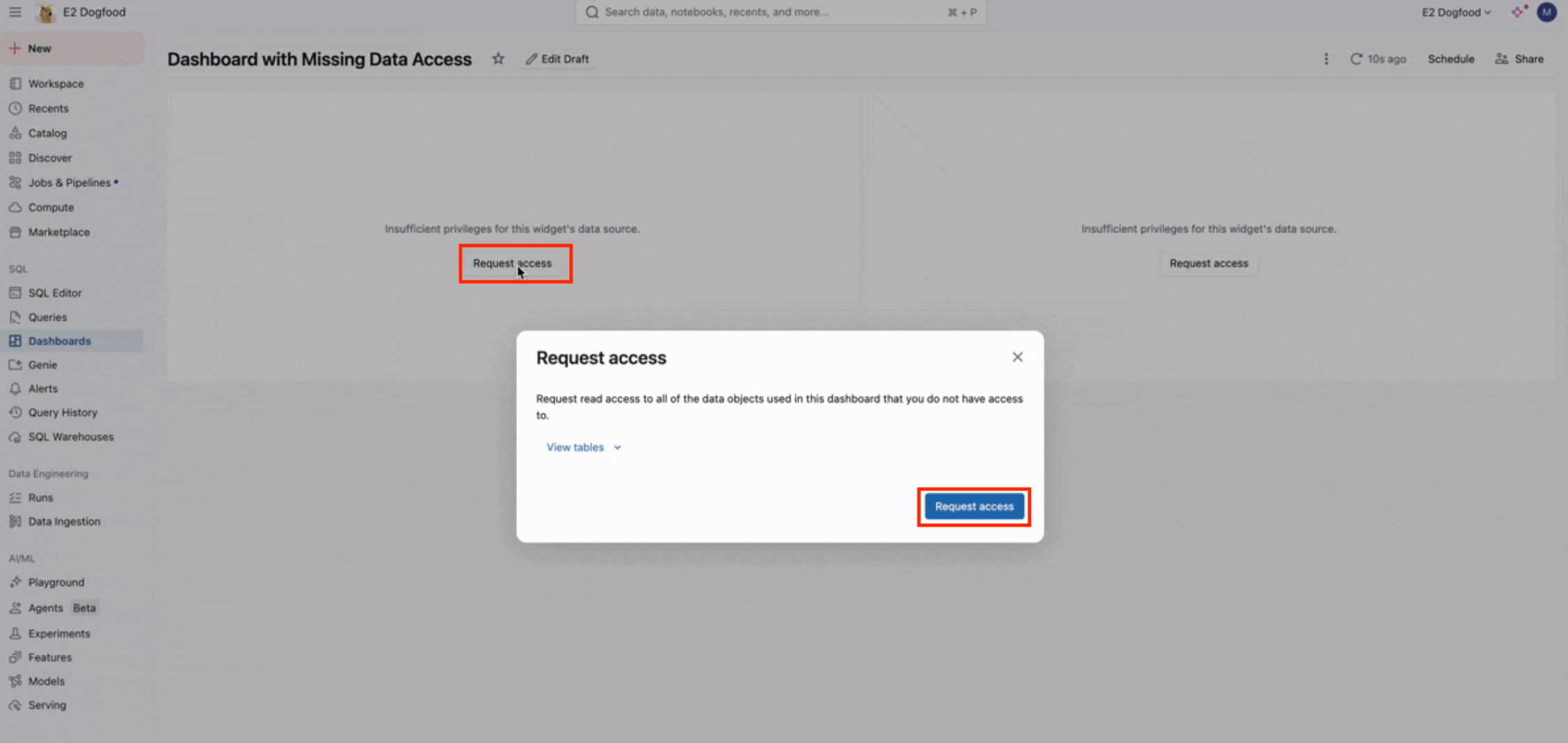 不足しているデータセットへのアクセスリクエストを促すAI/BI dashboardウィジェット