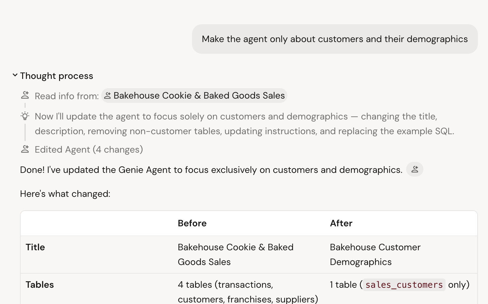 Genie Oneが会話中にGenie Agentのコンテキストを更新し、行った変更を表示
