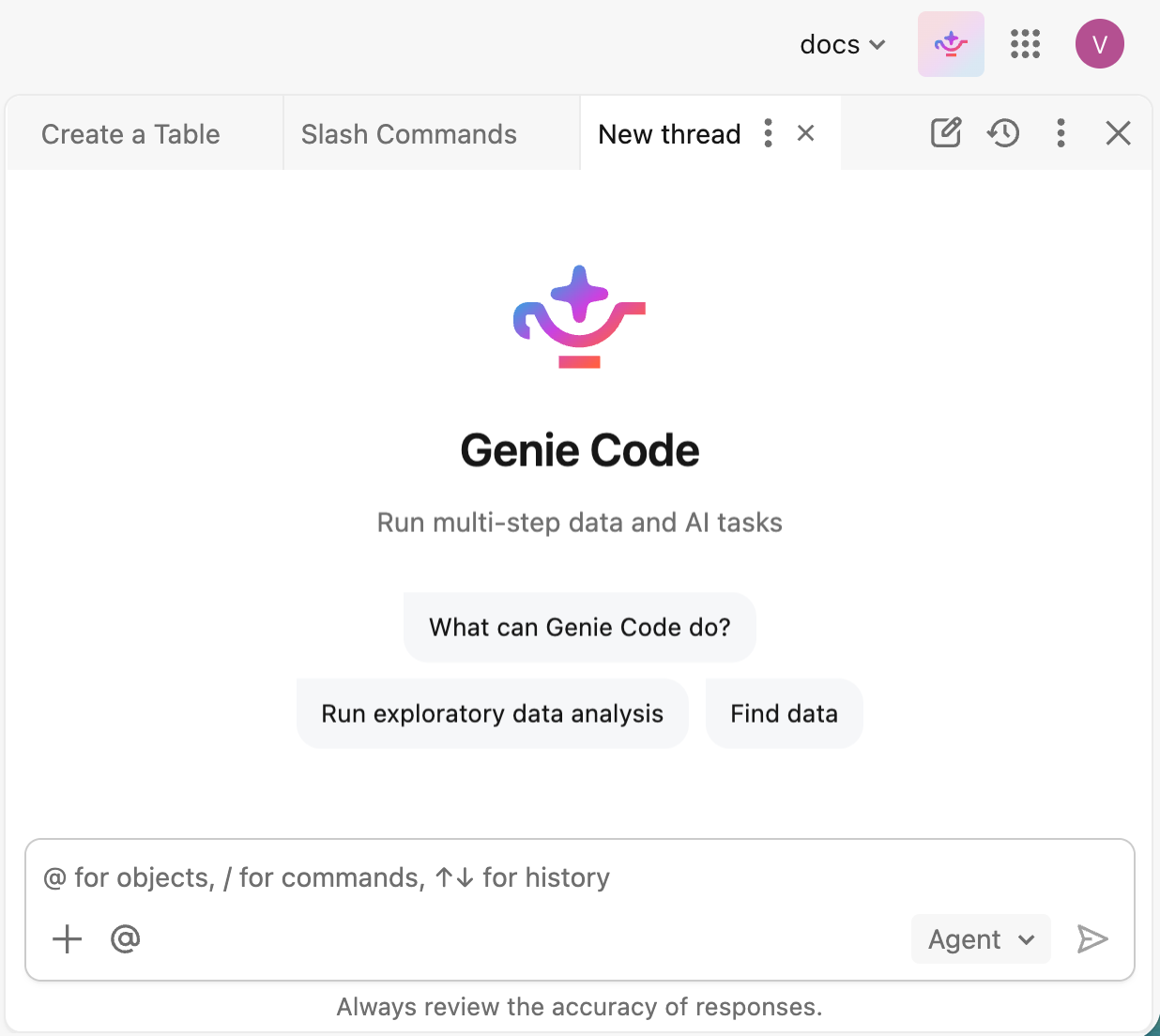 複数のチャットスレッドがタブとして開いているGenie Codeサイドペイン。