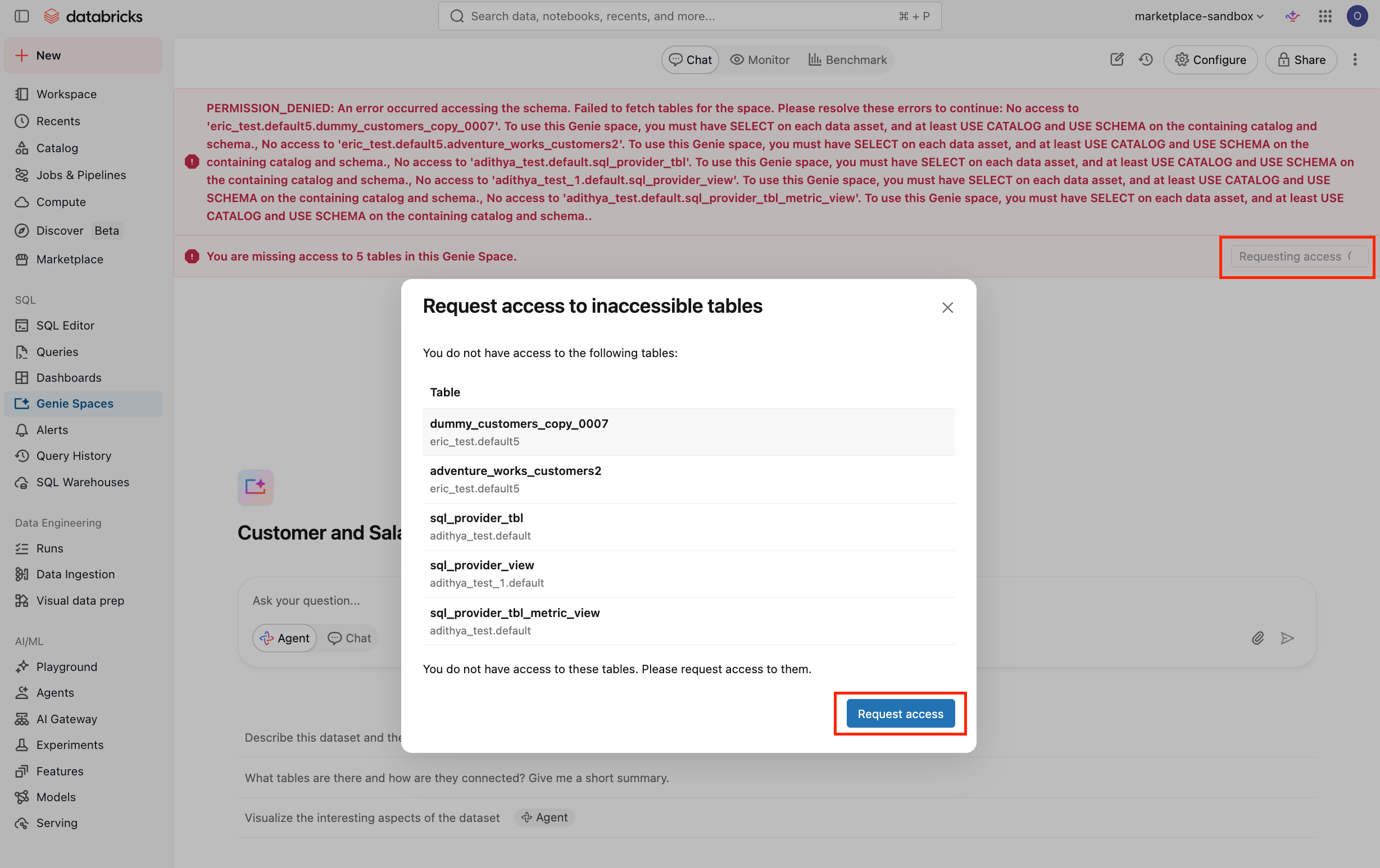 アクセスできないテーブルが一覧表示されるアクセスリクエストモーダルがあるGenieスペース