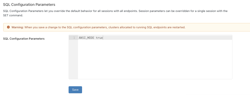 すべての SQLウェアハウスで ANSI_MODE が true に設定されていることを示すスクリーンショット