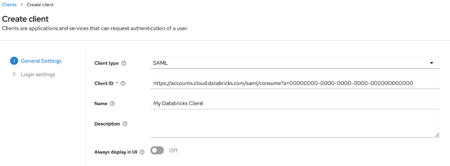 Keycloak で新しい SAML クライアントを作成します。