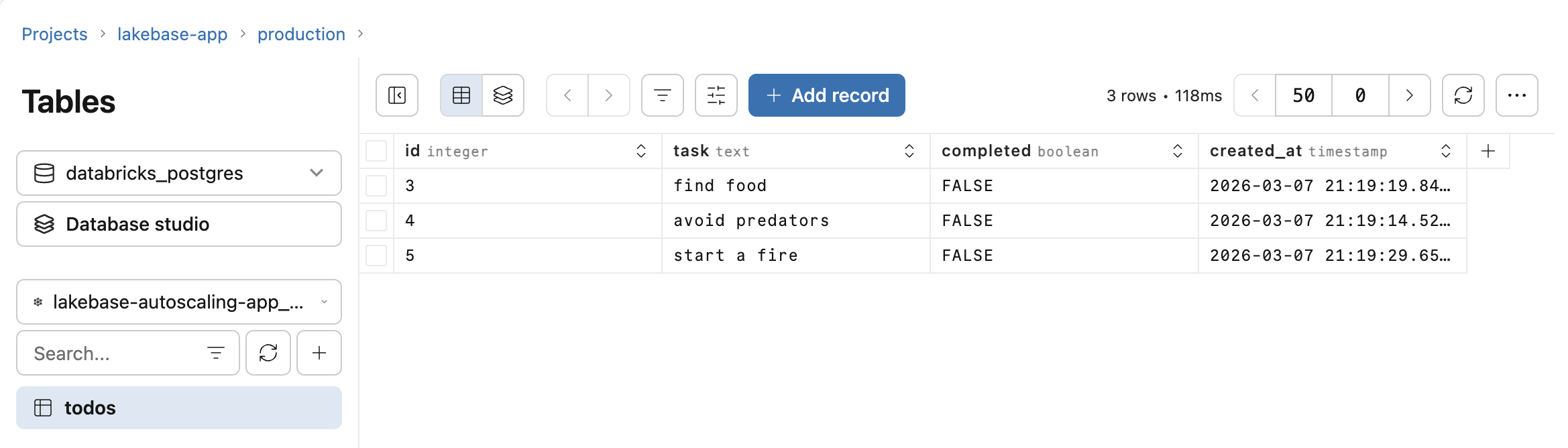 アプリによって書き込まれたToDoを表示するLakebaseテーブルビュー